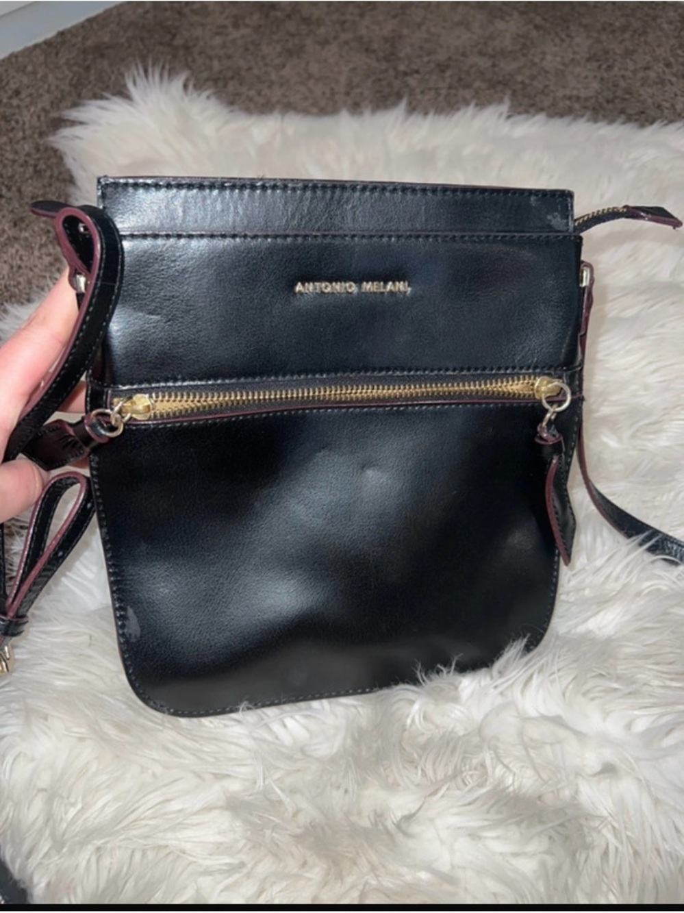 ANTONIO MELANI Black Leather Crossbody with Gold Hardware - Picture 1 of 6
